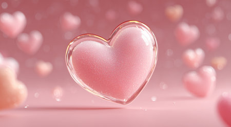 A large pink heart sits at the center, made of shiny material. Smaller heart shapes float softly around it, all set against a gentle pink backdrop, creating a lovely and cheerful scene.の素材