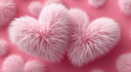 Two fluffy pink heart shapes rest on a bright pink background, adding a playful and cozy touch to decorations for Valentines Day or love-themed events.の素材