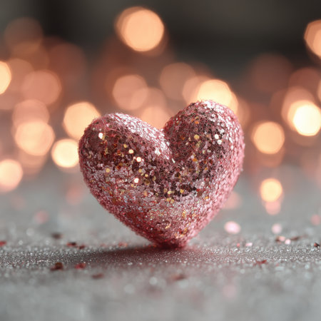 A sparkly pink heart sits prominently in front of a soft, blurred background filled with warm lights, creating a festive atmosphere perfect for celebrations or love-themed events.の素材