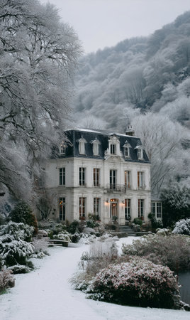 A classic house sits in a winter landscape, blanketed in snow, with blooming flowers adding a touch of color. The trees are frosted, creating a serene and peaceful atmosphere.の素材