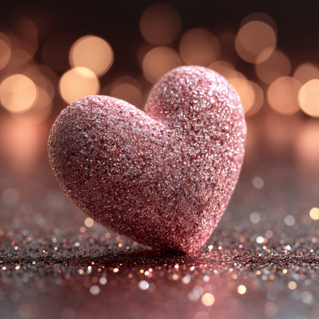 A sparkly pink heart sits prominently in front of a soft, blurred background filled with warm lights, creating a festive atmosphere perfect for celebrations or love-themed events.の素材