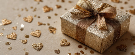 A sparkling gift box wrapped in gold ribbon lies on a table scattered with heart-shaped confetti and colorful sequins, creating a joyful and celebratory atmosphere.の素材