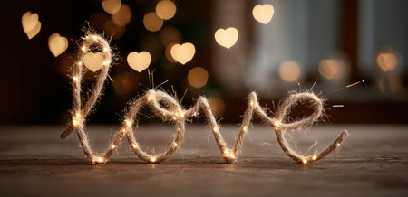 A wooden sign creatively spells out love amidst a cozy outdoor market setting, with soft bokeh lights enhancing the warm atmosphere during evening hours.の素材