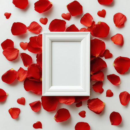 Red rose petals and heart small shapes surround a blank white frame, creating a romantic setting perfect for events or personal moments. Ideal for Valentines Day or anniversaries.の素材