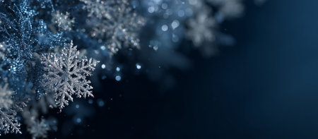Delicate snowflakes fall gracefully in a serene setting, creating a magical winter atmosphere with twinkling lights in the background, highlighting the beauty of the season.の素材