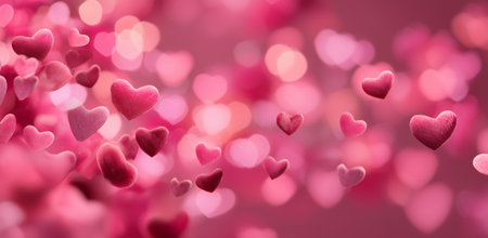 Soft pink hearts fill the air against a dreamy pink background. This scene evokes feelings of love and joy, perfect for romantic occasions or festive celebrations.の素材