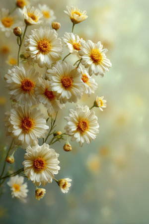 Daisies bloom with vibrant white petals and yellow centers, reaching towards soft sunlight. A blurred background enhances their beauty in a serene setting.の素材