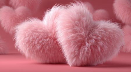 Two fluffy pink heart shapes rest on a bright pink background, adding a playful and cozy touch to decorations for Valentines Day or love-themed events.の素材