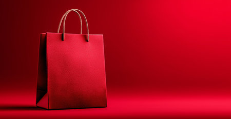 A red shopping bag stands alone against a bright red background. The bag features sturdy handles and exhibits a sleek, modern design, perfect for shopping.の素材