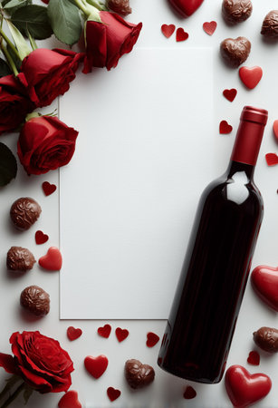 A romantic dinner setup features a bottle of red wine, chocolates, and red roses surrounding a blank card, ideal for expressing love during a special evening.の素材