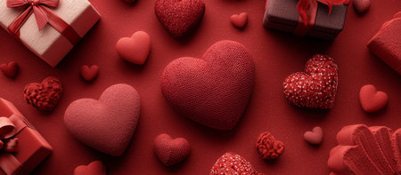 A variety of red gifts and heart-shaped decorations are arranged beautifully on a vibrant red surface, creating a romantic atmosphere for a special occasion or holiday.の素材