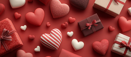 Bright red hearts and wrapped gifts create a festive atmosphere for romantic occasions. The vibrant colors and playful shapes add joy to any celebration of love.の素材