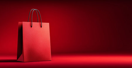 A stylish red shopping bag is placed on a vivid red background, showing its simple and elegant design in a minimalist setting ideal for retail displays or packaging.の素材