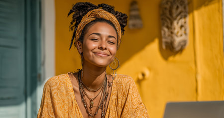 A young woman with natural curls and a headscarf sits outside, enjoying the sun by a bright yellow wall. She has a joyful expression and is adorned with colorful accessories.の素材