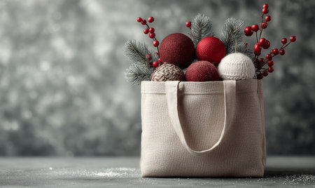 A beige tote bag is filled with red and white ornaments along with sprigs of greenery. It captures the essence of festive decor for a joyful winter celebration.の素材