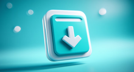 A simple blue download button icon is displayed on a soft blue background with gentle lighting. It features an arrow pointing downward indicating easy access to content.の素材
