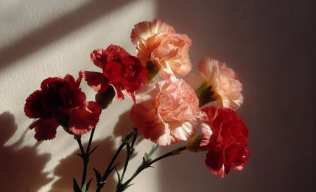 A vibrant bouquet of pink and red carnations stands in a glass vase. Sunlight casts soft shadows on the wall, highlighting the delicate petals and their rich colors in a cozy space.の素材