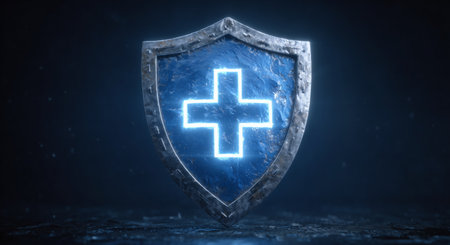 A neon shield with a glowing cross is displayed on a dark background.の素材