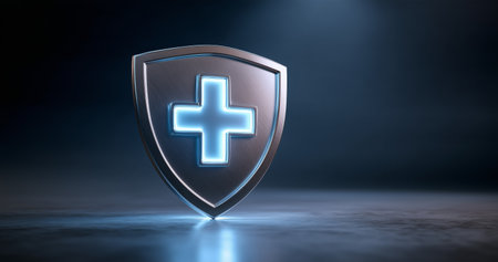 A shield design featuring a glowing cross shines brightly against a dark background, symbolizing health, safety, and protection in a modern context.の素材