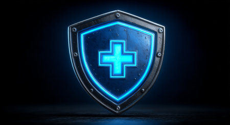 A glowing blue medical shield stands out in a dark environment. The shield features a prominent cross symbol, emphasizing safety and health protection.の素材