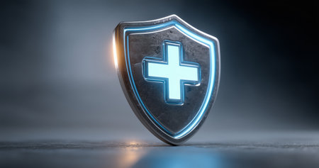 A metallic shield with a bright cross stands on a dark background, representing safety and protection in the healthcare field. The design features a modern and glossy look.の素材