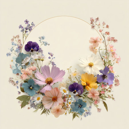 Delicate flowers in various pastel shades create a beautiful circular arrangement against a soft backdrop. The design features blooms like cosmos, pansies, and baby's breath.の素材