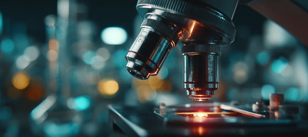 A close view of an advanced microscope examining a specimen slide. The laboratory features bright lighting and blurred background tools, suggesting ongoing scientific research.の素材