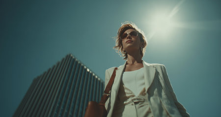 A woman dressed in a chic suit strolls confidently in an urban setting, with a modern skyscraper towering behind her under a bright sun.の素材