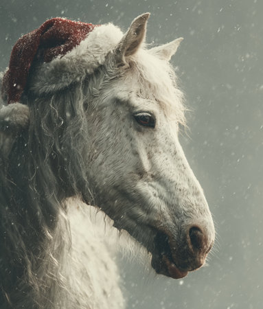 A beautiful white horse with a long mane stands in a snowy environment, wearing a festive red hat, embracing the holiday spirit and cold winter weather.の素材