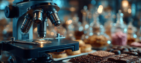 Bright light shines from a microscope, illuminating a sample slide in a well-equipped lab filled with glassware and various liquids. Scientific discovery is in progress.の素材