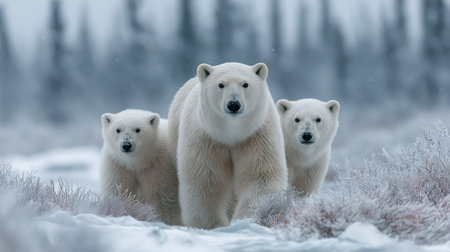 Three polar bears move cautiously through a snowy terrain, surrounded by frost-covered vegetation and tall trees. The scene captures the beauty of their natural habitat in winter.の素材