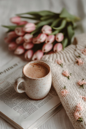 A cozy morning scene showcases a cup of coffee beside pink tulips in a white vase, complemented by a knitted sweater resting on a marble table.の素材