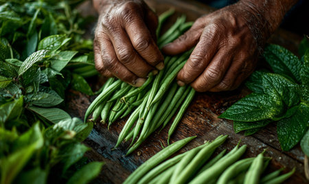 A person sorts fresh green beans with calloused hands, surrounded by vibrant herbs at an outdoor market during the morning. The scene conveys a rustic, agricultural atmosphere.の素材