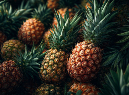 A vibrant display of ripe pineapples fills a market scene, showing their textured skin and green crowns under bright sunlight, inviting shoppers to enjoy tropical flavors.の素材
