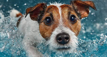 A playful dog swims in a pool, enjoying the splashes of water around it. The dogs fur is wet, and its expression shows excitement and happiness as it plays.の素材