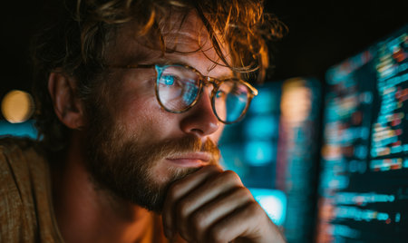 A man with glasses looks intently at multiple screens filled with colorful data while thinking deeply. The dim lighting creates a focused atmosphere for his late night work.の素材