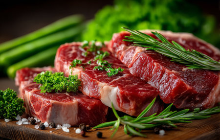 Several fresh slices of red meat are neatly arranged on a wooden board. Surrounding the meat are sprigs of rosemary and parsley, creating an inviting and vibrant kitchen scene.の素材