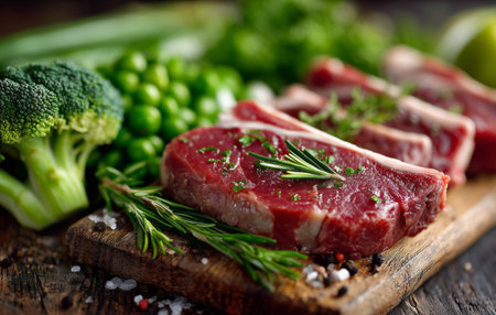 Juicy meat cuts rest on a wooden board, surrounded by fresh tomatoes, green onions, and broccoli. Sprigs of thyme and rosemary add flavor in a cozy kitchen atmosphere.の素材