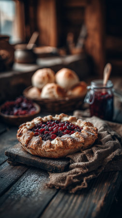A homemade pie topped with fresh red berries sits on a wooden table next to golden bread rolls. The warm, inviting kitchen setting adds to the charm of the scene.の素材