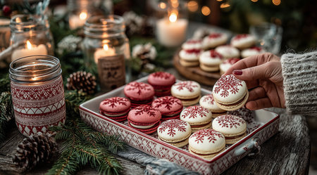 A hand picks a beautifully decorated macaron from a festive platter. Candles glow softly nearby, and winter decor adds warmth to the inviting holiday scene.の素材