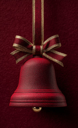 A red bell adorned with a gold ribbon is suspended against a rich, textured maroon backdrop. The decoration captures a festive spirit suitable for celebrations and holidays.の素材