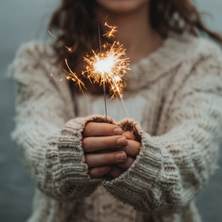 A young woman stands by a calm lake, holding a sparkler, wearing a warm sweater. The soft twilight light adds a magical feel to the peaceful setting.の素材