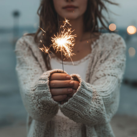 A person joyfully holds a sparkler, surrounded by a serene ocean backdrop. The soft glow of twilight adds to the festive atmosphere, evoking a sense of celebration and warmth.の素材