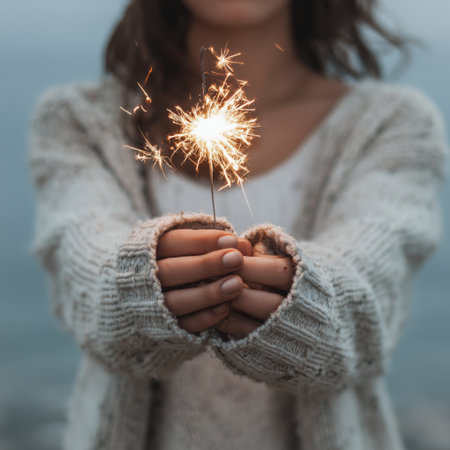 A person joyfully holds a sparkler, surrounded by a serene ocean backdrop. The soft glow of twilight adds to the festive atmosphere, evoking a sense of celebration and warmth.の素材