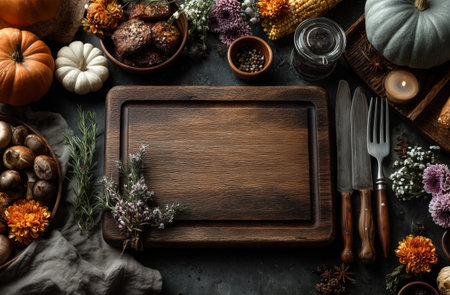 A rustic wooden cutting board is surrounded by seasonal vegetables, herbs, and decorative flowers, all set for an autumn harvest meal. The warm colors create a cozy atmosphere.の素材