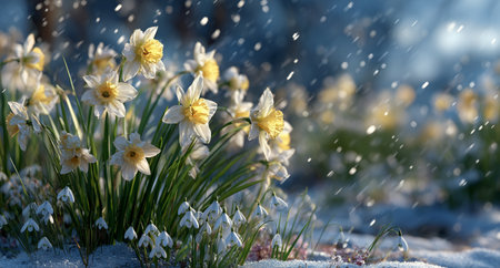 Beautiful daffodils and delicate snowdrops bloom in a serene garden while soft snowflakes fall gently around them during a spring day.の素材