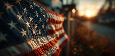The American flag flutters softly in the evening breeze as the sun sets behind a suburban street, casting warm golden light on the scene.の素材