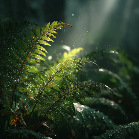 Fern leaves glisten with dew in a peaceful forest as soft morning light filters through the trees. The scene captures the freshness of nature in the early hours of the day.の素材
