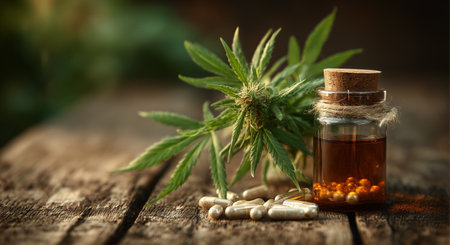 Brown glass bottle holds cannabis oil next to herbal capsules on a wooden table. Fresh cannabis leaves add a natural touch to the soothing scene in low light.の素材