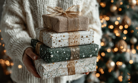 A person wearing a warm sweater holds four beautifully wrapped gifts with ribbons. The setting features a sparkling Christmas tree in the background, creating a joyful atmosphere.の素材